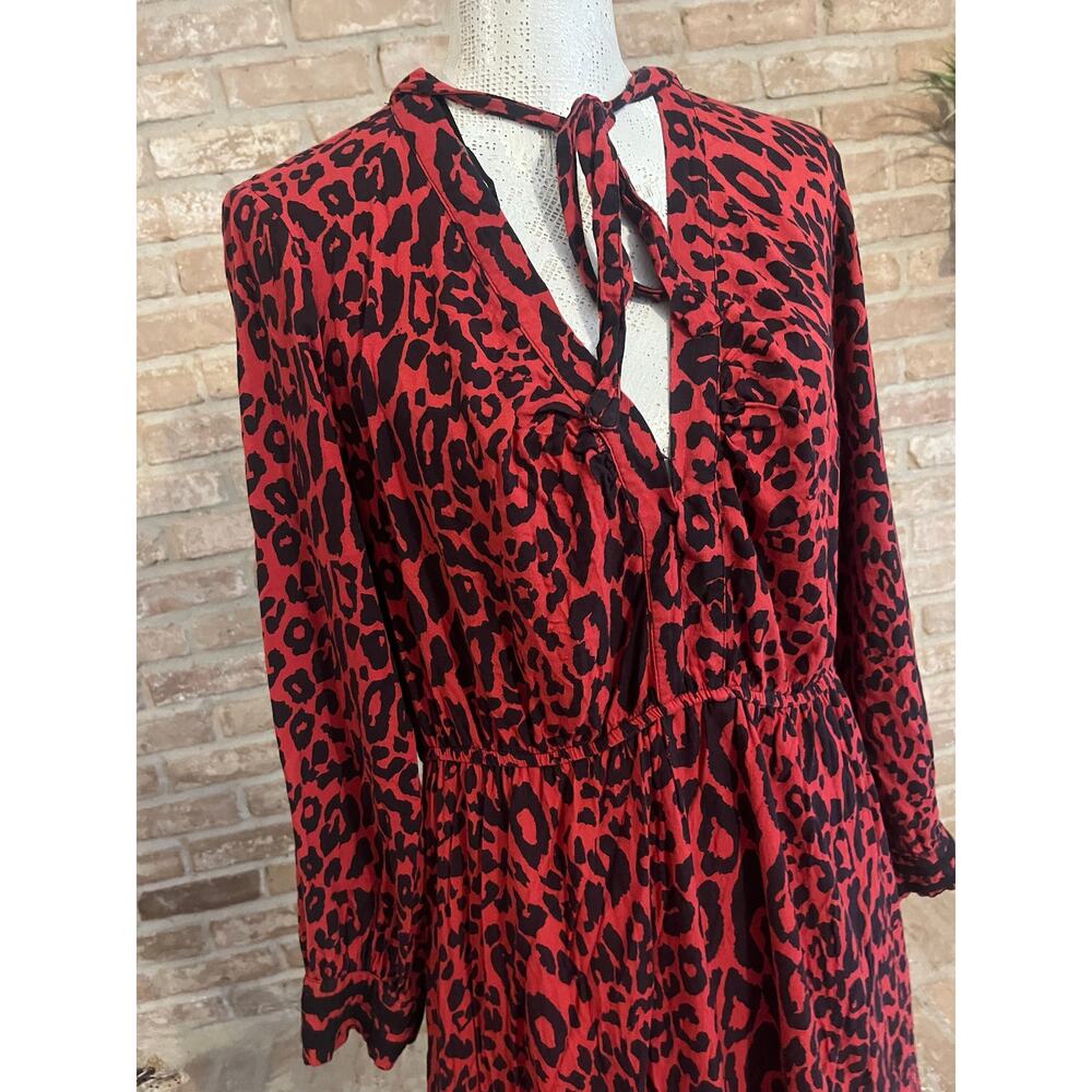 Zara Womens Red Leopard Print Midi Dress Tie Sz L - Picture 4 of 6